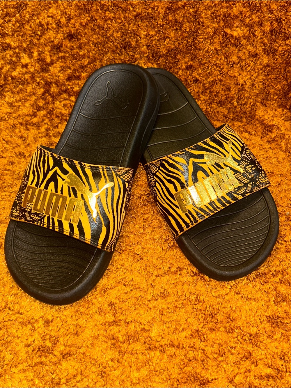 Puma Black and Yellow Tiger Print Slide Sandals